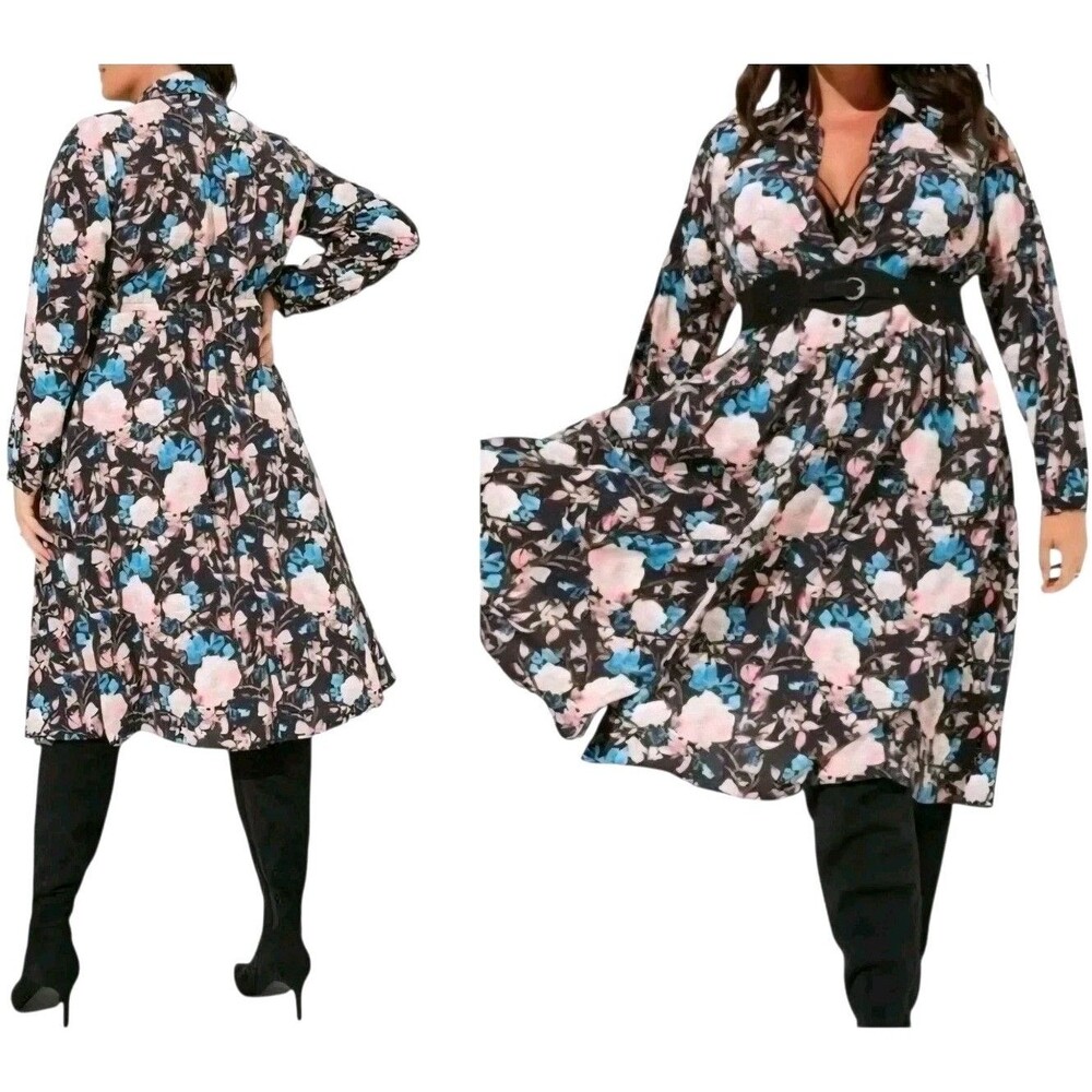 Torrid Studio Crepe de Chine Midi Shirt Dress Womens 6X Black Floral Whimsigoth